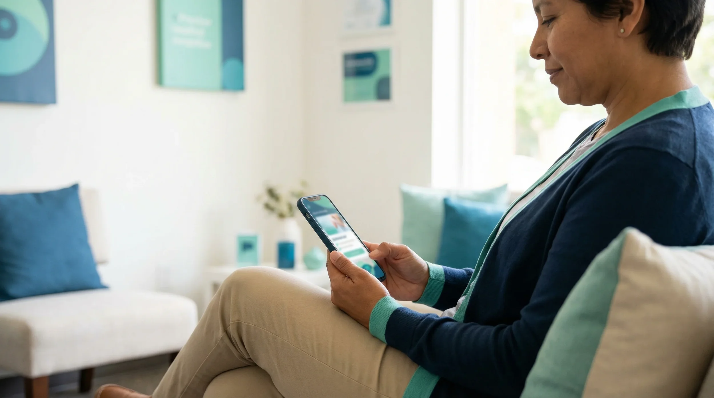 Persona adulta revisando su teléfono en sala de espera o espacio informal, con la pantalla mostrando un anuncio difuso de servicios de salud.