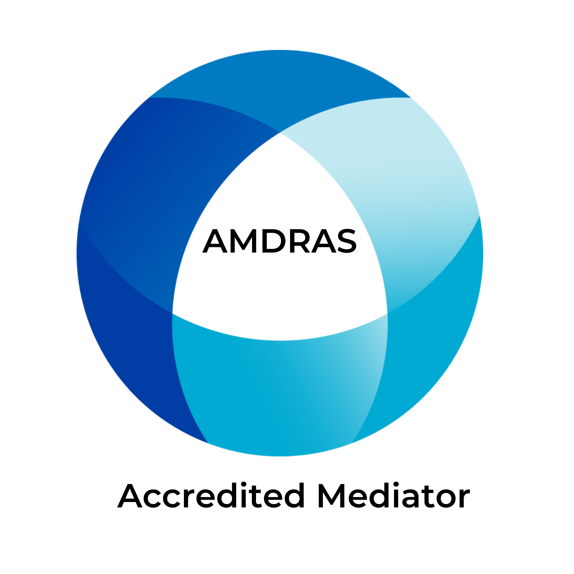 Venn diagram with three intersecting circles in shades of blue, labeled 'AMDRAS' in the center, and the text 'Accredited Mediator' below.