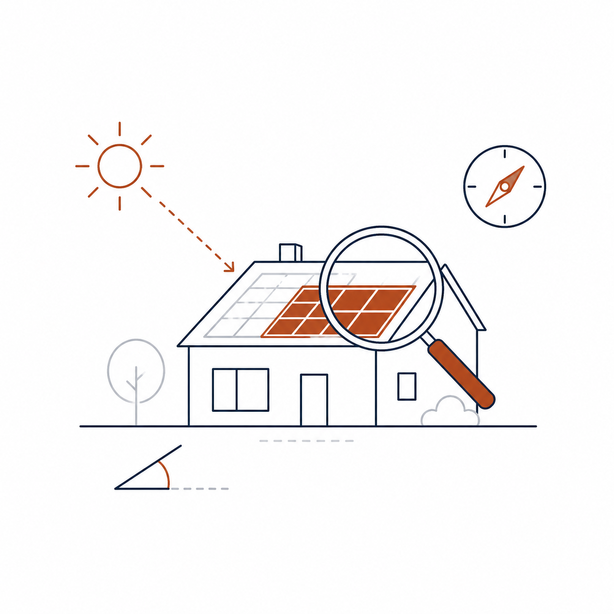Illustration af et hus med solpaneler på taget, en forstørrelsesglas over panelerne, en sol, en vejrradar, et træ og en skygge.