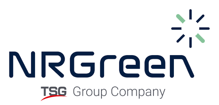 Logo for NRGreen, en gruppevirksomhed tilknyttet TSG Group, med et grønt og blåt symbol i øverste højre hjørne.