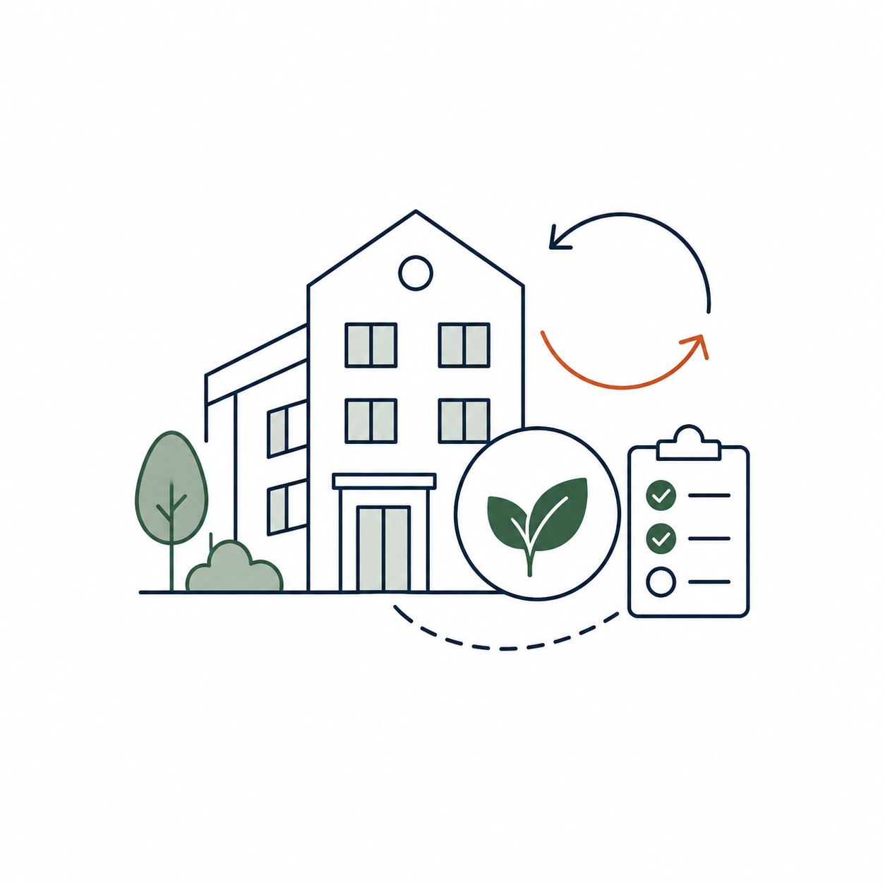 Illustration af et energieffektivt og bæredygtigt hus med træer, et blad ikon, og en tjekliste, der symboliserer miljøvenlig bolig.
