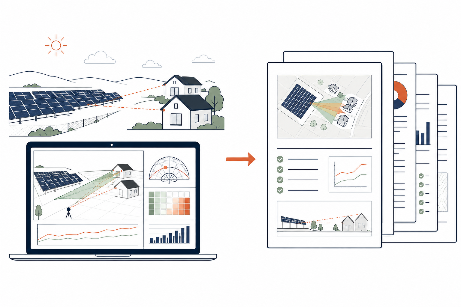 Illustration af solcelleanlæg, der opfanger solenergi og overfører data til en computer, der analyserer energiproduktion og optimerer placering af solceller.