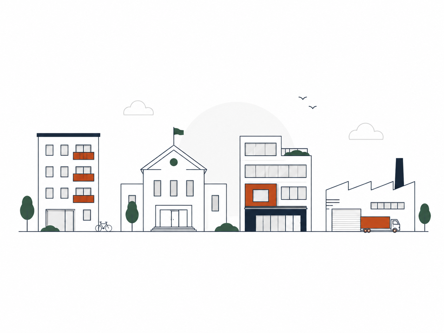 En minimalistisk illustration af forskellige bygninger, herunder boligblokke, en kirkebygning, en industribygning og en varebil, med nogle træer, skyer og fugle i baggrunden.