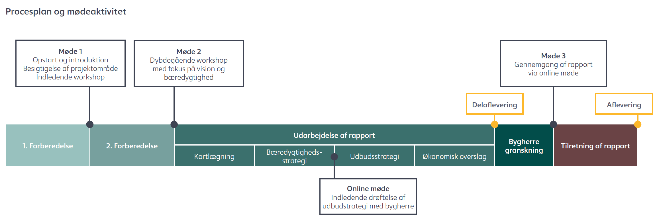 Procesplan og mødeaktivitet med forberedelser, workshops, rapportudarbejdelse, review, og aflevering
