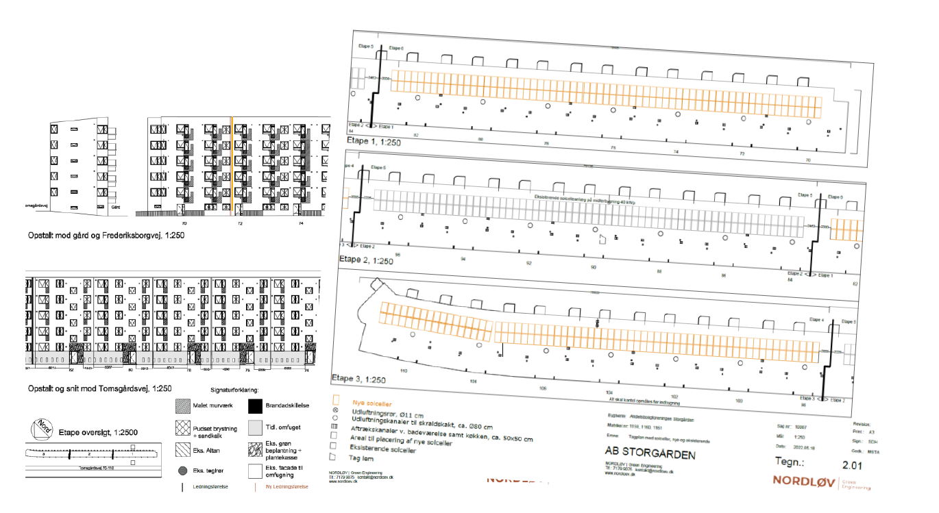 Konstruktionsplaner for solcelleinstallation på bygningens tag, med forskellige etaper og layout.