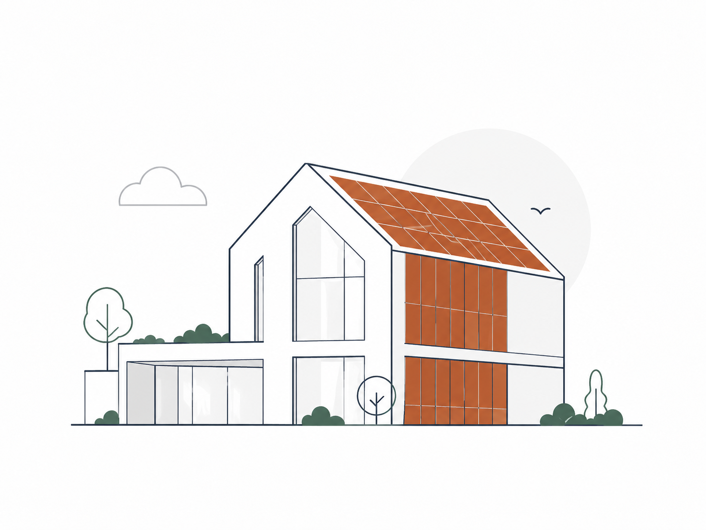 Illustration af et moderne hus med solpaneler på taget og facaden