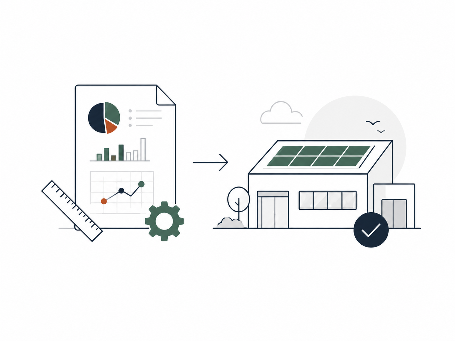 Diagram overgår dataanalyse til solenergi installation på et hus med solceller på taget.