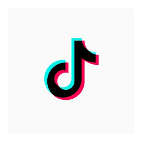 TikTok logo with overlapping cyan and pink outlines on a white background.