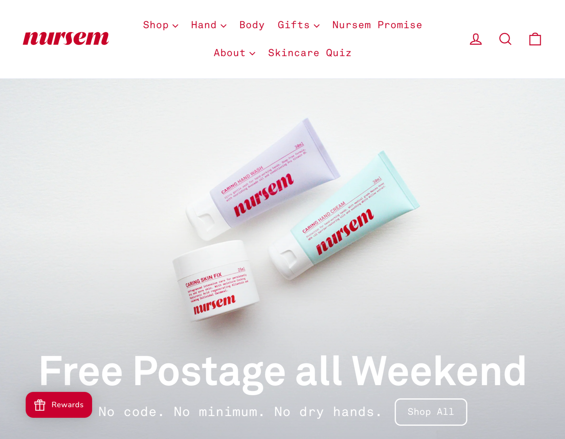Three Nursem skincare products on a white background, including hand wash, hand cream, and skin fix cream, with promotional text for free postage and no minimum purchase.