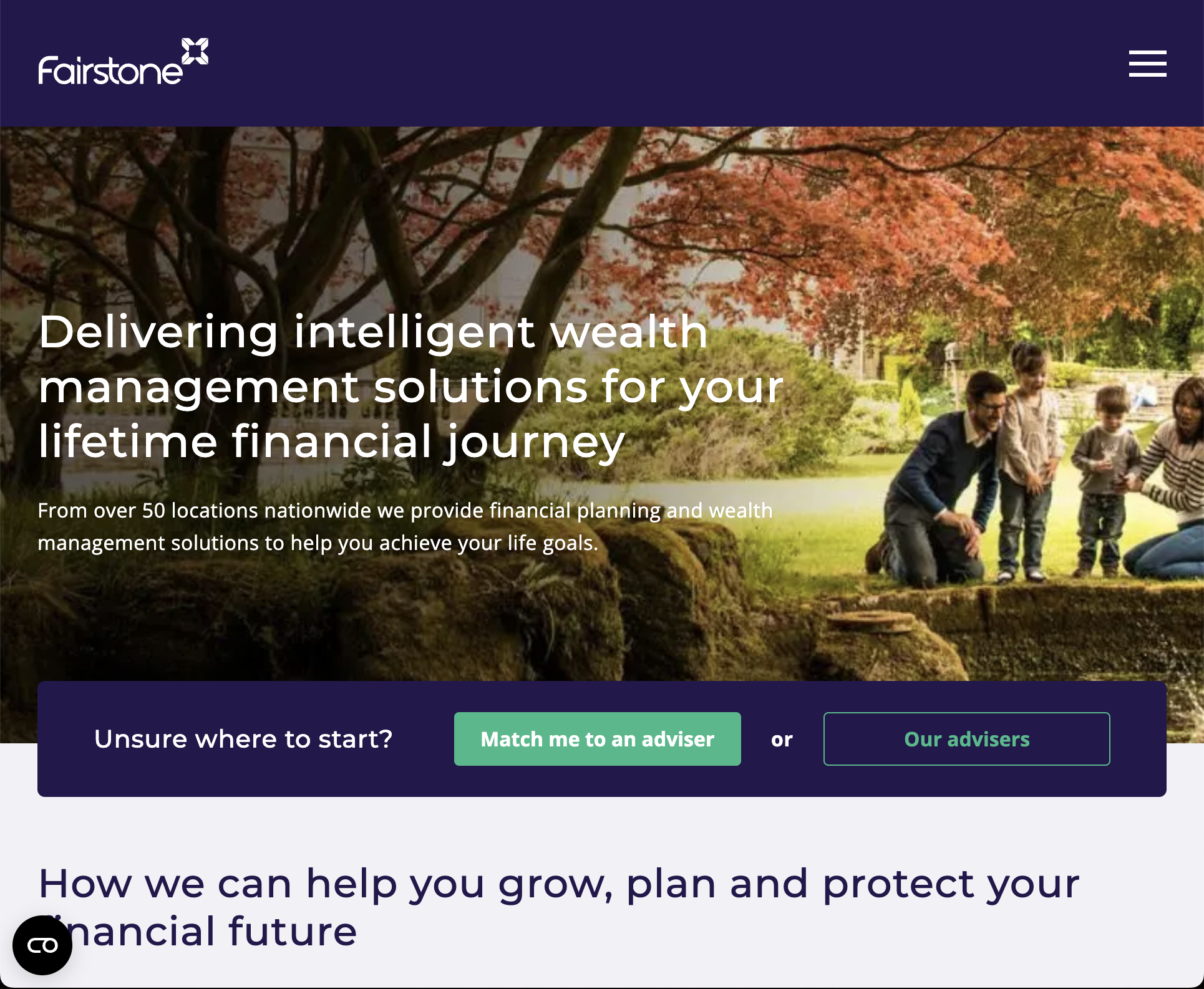 Homepage of a financial planning website with the logo 'Fairstone' in the top left corner, a navigation menu icon in the top right corner, a background image of a man with children outdoors near a body of water with trees, and a headline that says 'Delivering intelligent wealth management solutions for your lifetime financial journey'