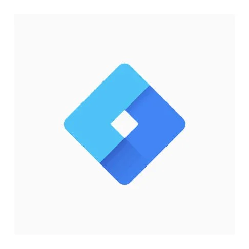 Blue geometric logo with interlocking diamond shapes on a light gray background.