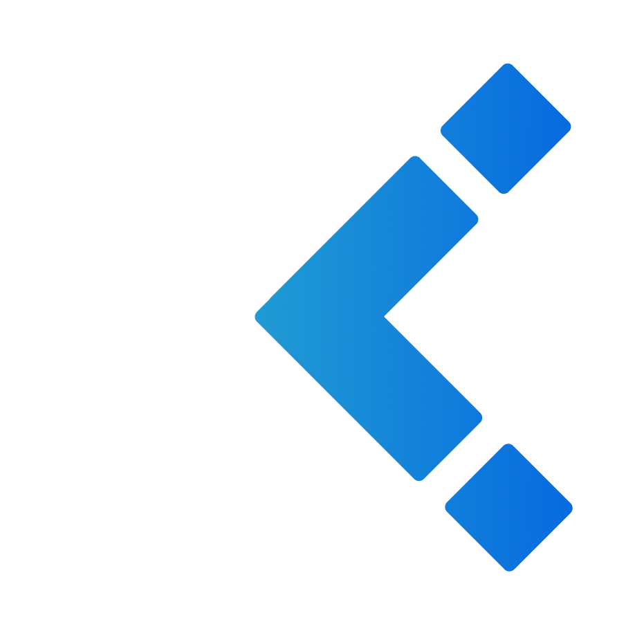 Stylized blue arrow pointing left with geometric shapes.