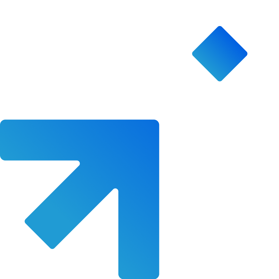 A colorful abstract logo featuring four arrows pointing in different directions, with a small blue diamond shape near the top right.