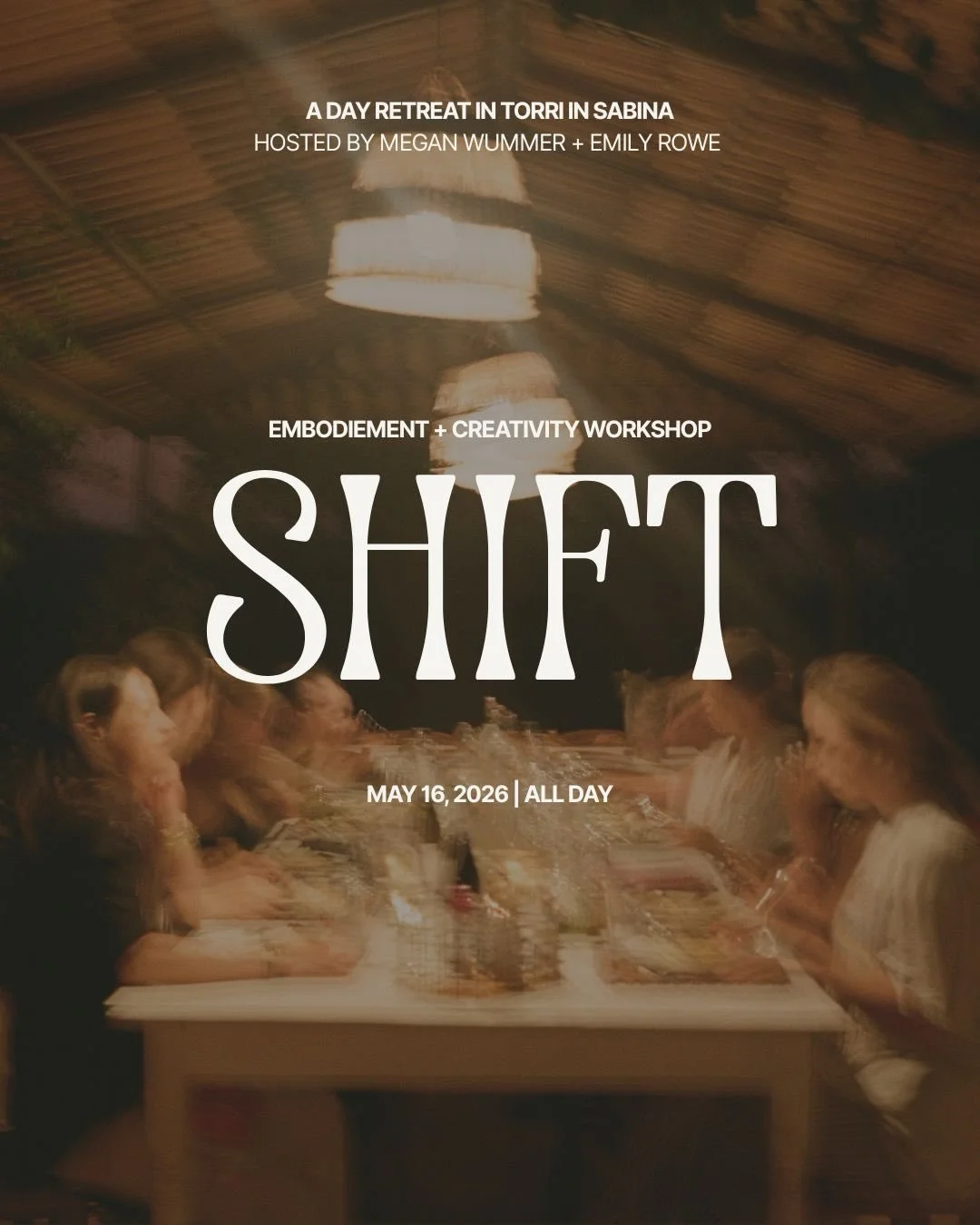 SHIFT | embodiment + creativity workshop 
may 16th &bull; Torre in Sabina 🫒
hosted by @emilyrowephoto + @meganwummer

we&rsquo;re excited to announce our one-day retreat in Sabina, just outside of Rome. 

located at OLEA Retreat center, nestled in t