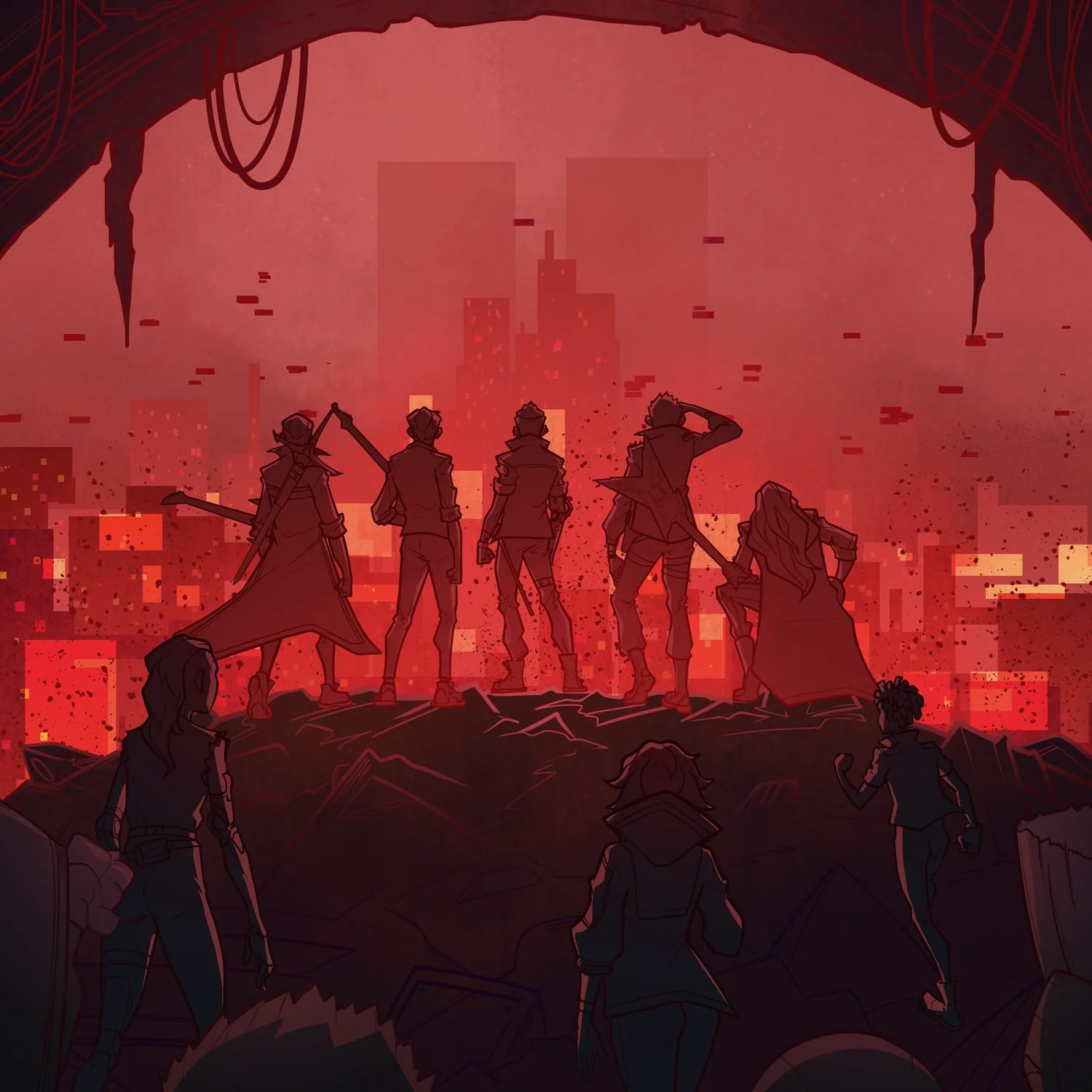 Best Laid Plan EP back cover: five silhouettes on a ridge above a red city