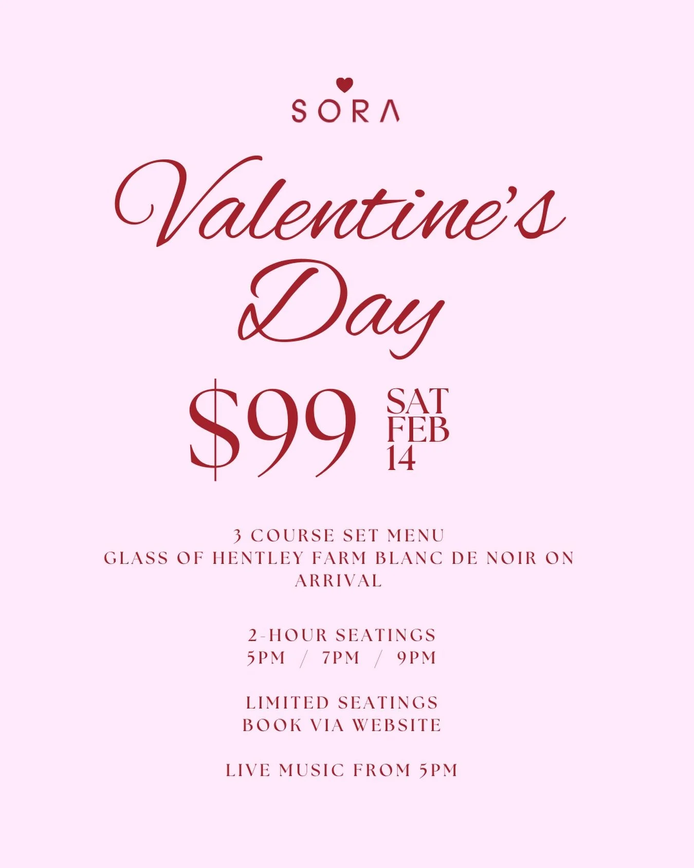 Valentine&rsquo;s Day, elevated ❤️

Join us for a three course set menu, glass of bubbles on arrival, live music and skyline views from level 9.

Saturday 14th February.
Book now via restaurant link in our bio ❤️

#SORA #SORAonpirie