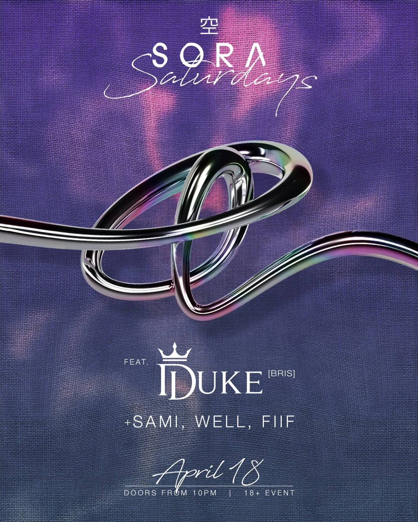 See you at SORA this Saturday welcoming interstate guest DUKE from Brisbane + resident djs Sami, Well, Fiif. 

18+ 

DJs starting from 10pm til late.