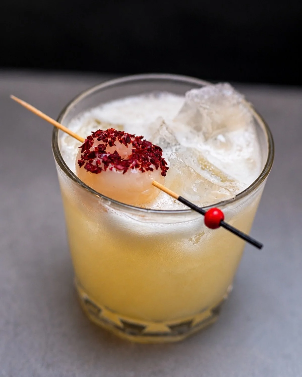 Sweet. Citrus. A little heat 🍹 

Lost Lychee combines house vodka, lychee liqueur, lemon juice, yuzu syrup, ginger syrup, and lychee juice, topped with a gochugaru-dusted lychee.

#sora #soraonpirie