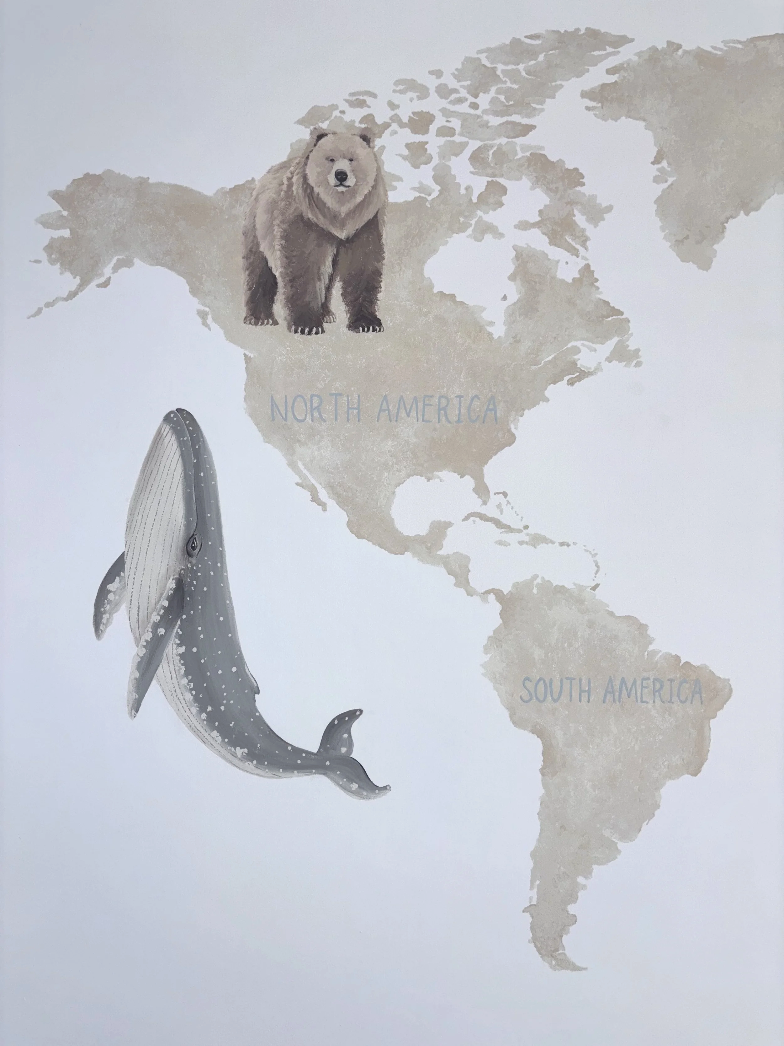 mural artist near me. artist in Hitchin. world map muralist. neutral art for child bedroom