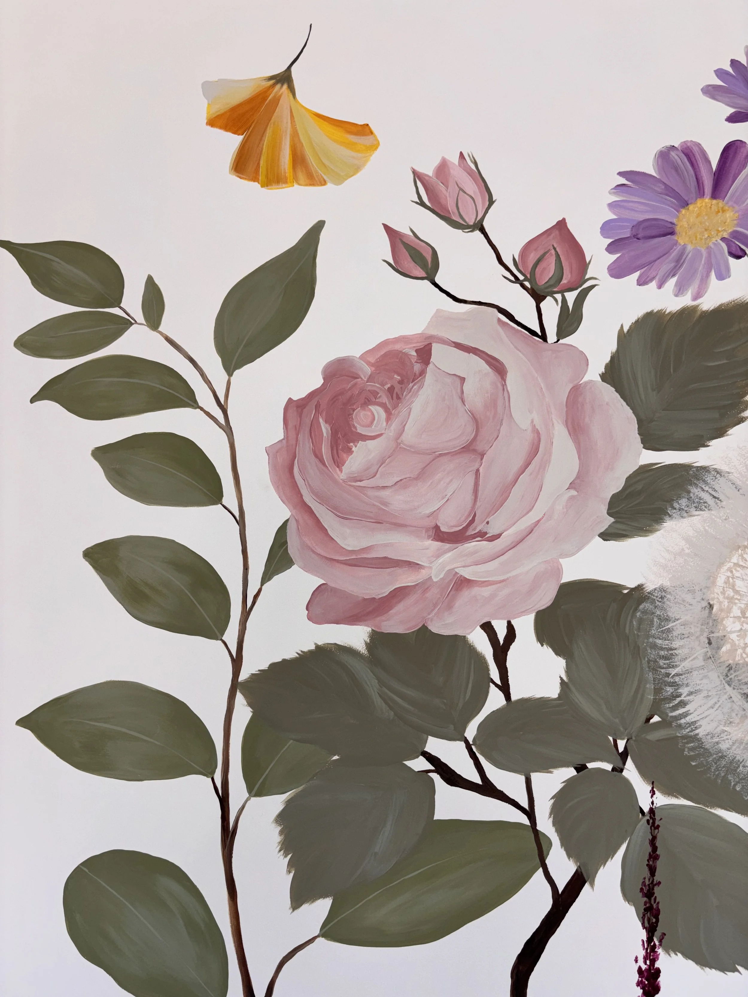 Floral design mural art. bespoke art for your home. artist based in Bedfordshire, covering the uk. albertine rose and ginkgo leaves. wall art for your home or business. Hitchin mural artist.