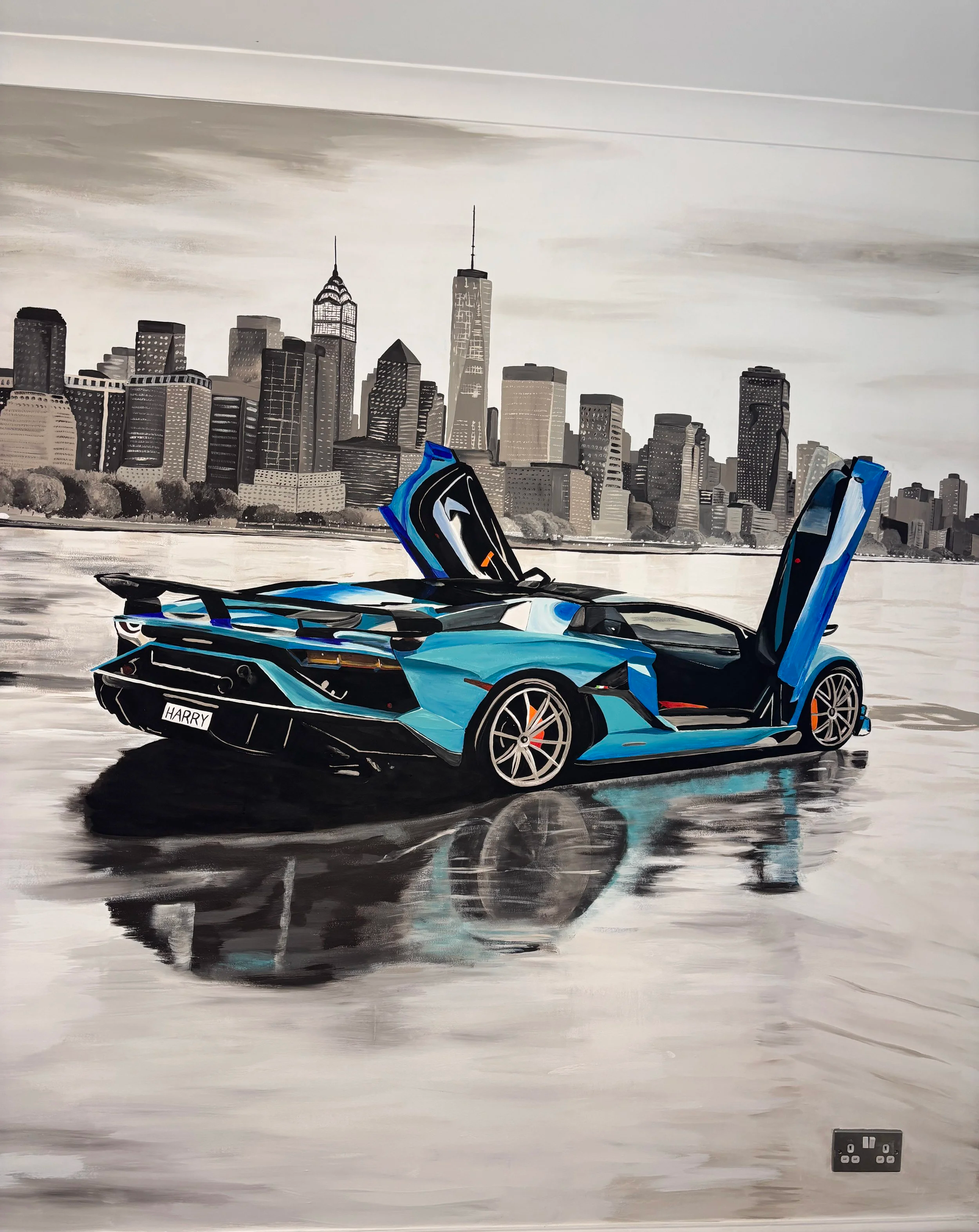 hand painted Lamborghini, car mural. statement walls with a difference. blue car art. garage art, children's play room, car show painting. show room interiors. recognisable supercar. high quality bespoke automotive wall art. car themed bedroom. cars