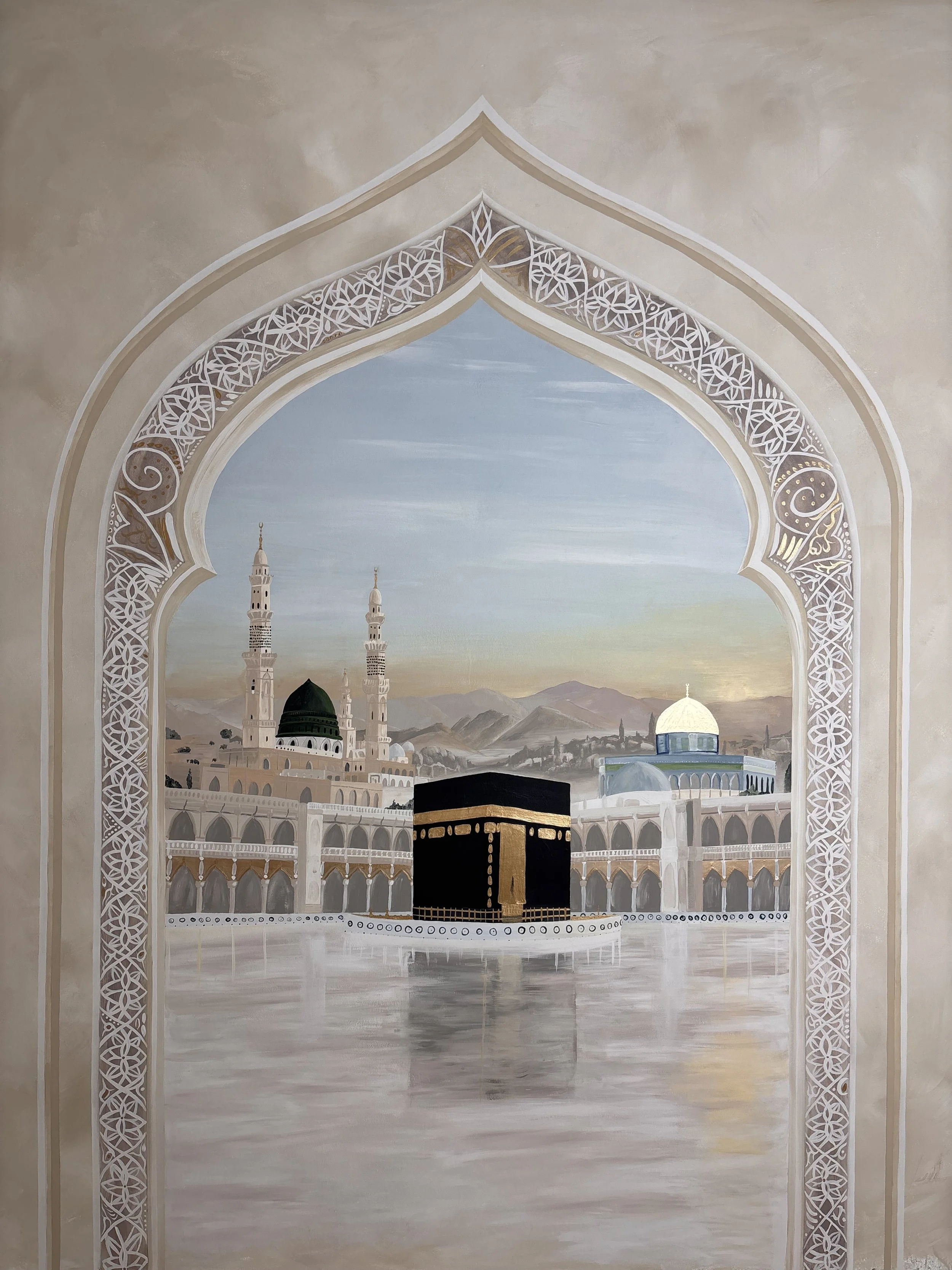 Bespoke Islamic prayer room mural featuring an elegant architectural archway opening onto three iconic Muslim landmarks. A serene, meaningful wall art design for a peaceful prayer space.
