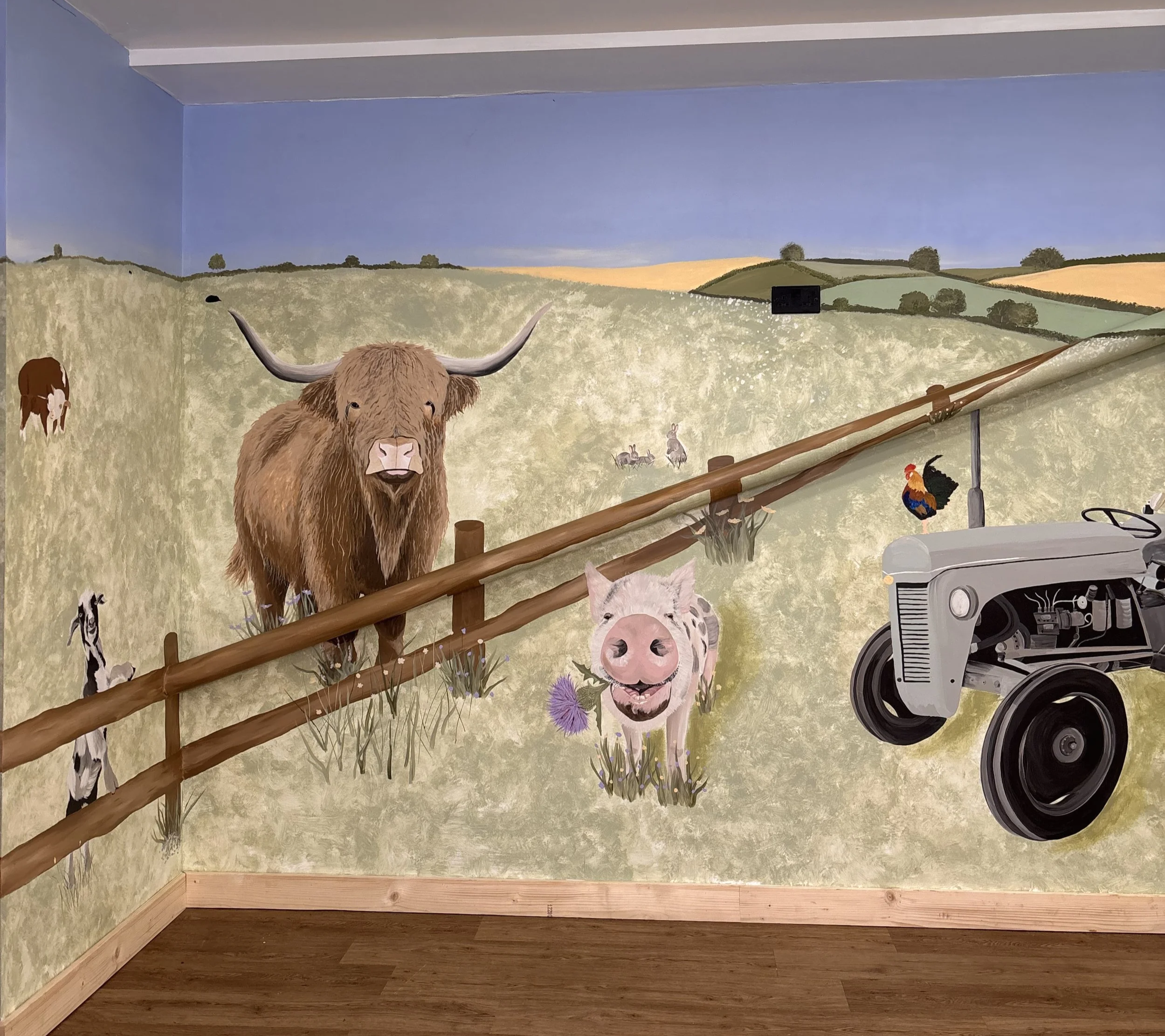 Hand painted farm wall mural. countryside indoors. designed to transform bedrooms, play areas, farm attractions. individually created to suit your space. Foxholes Farm mural. rural mural. feature walls across hertfordshire and Bedfordshire.custom art