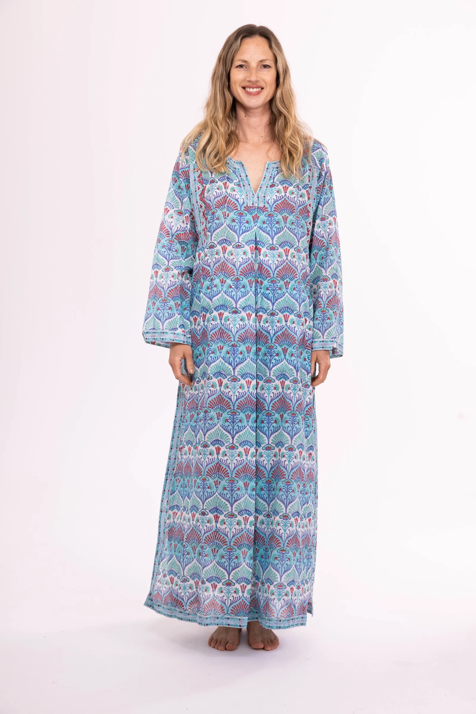 NILA RUBIA JUGNU KAFTAN DRESS PURE COTTON HAND BLOCKED - JAIPUR BLUE