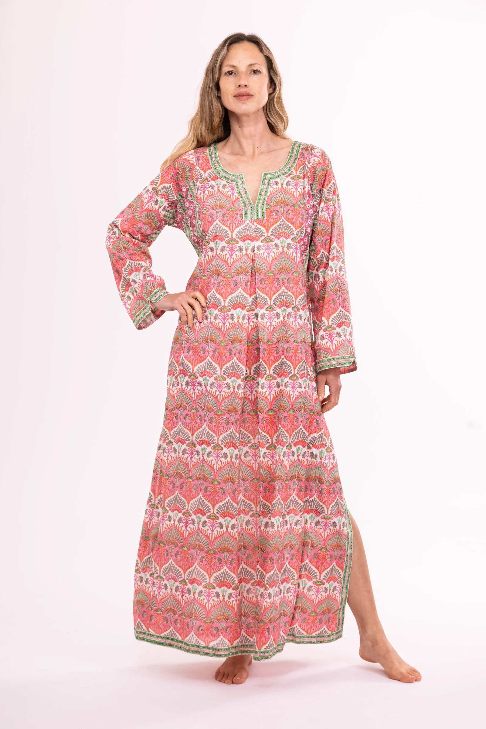 NILA RUBIA JUGNU KAFTAN DRESS PURE COTTON HAND BLOCKED - JAIPUR PINK