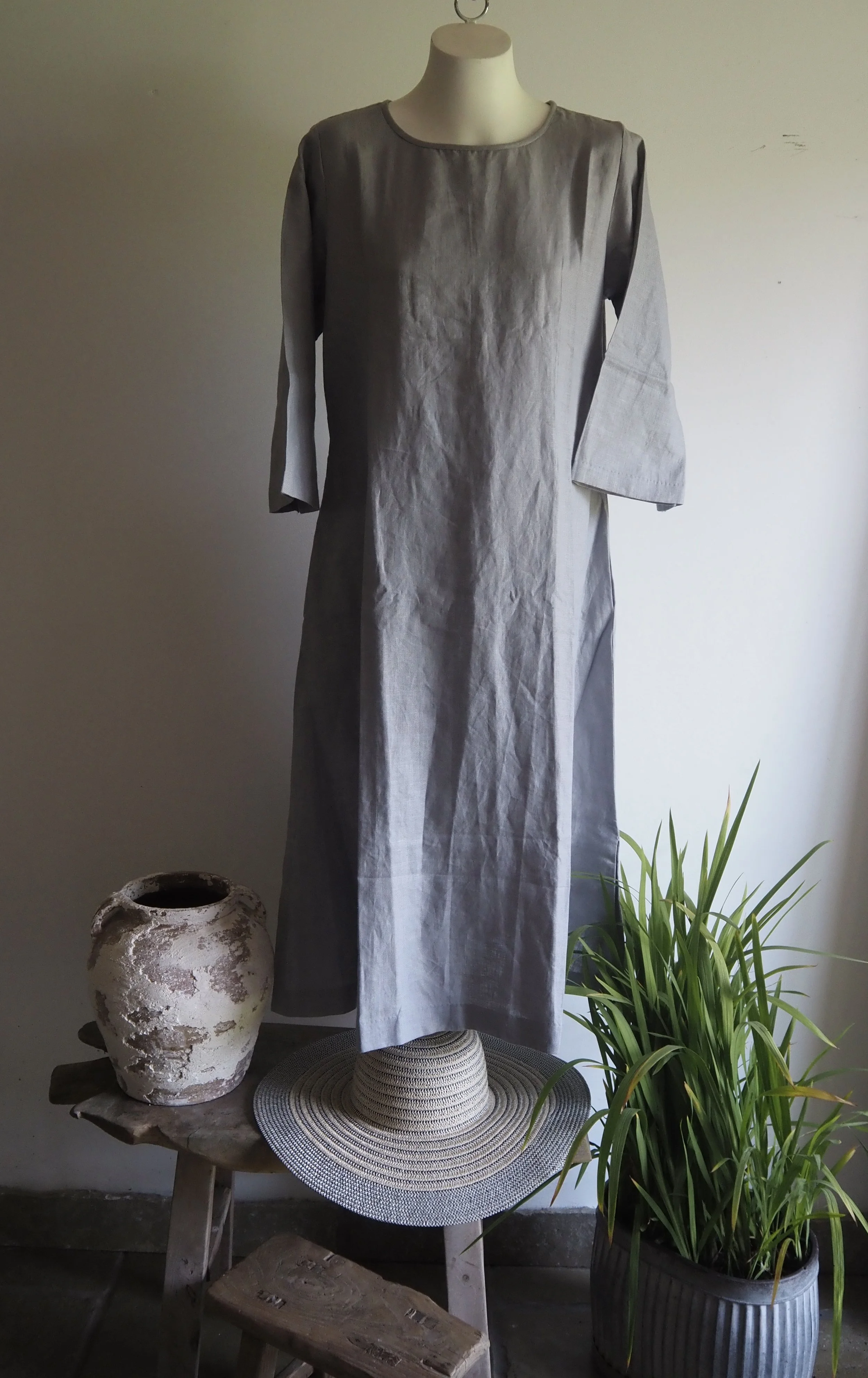 Organic Linen  Handmade Handwoven Maxi Dress - Fluted Sleeves