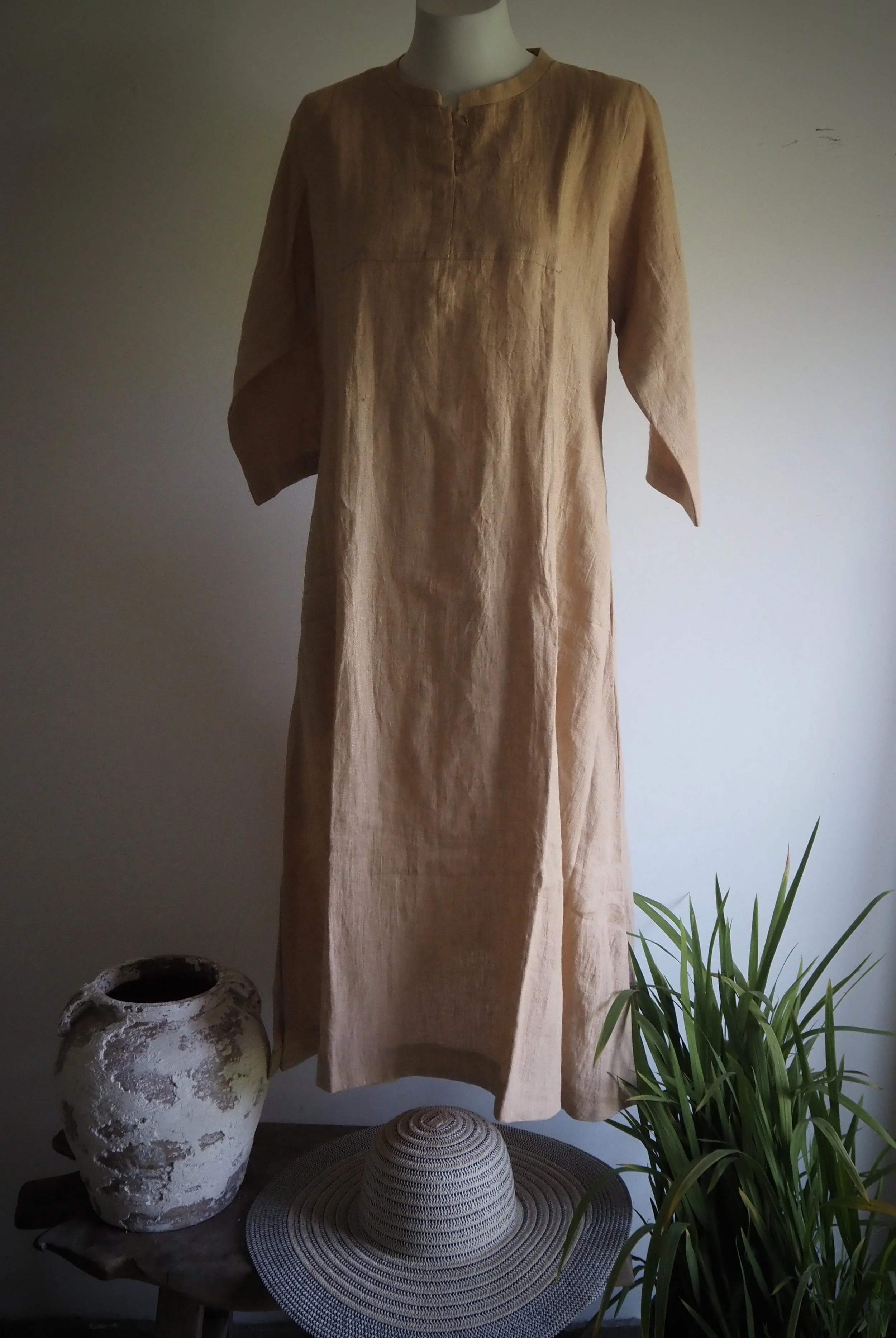 Organic Linen Handmade  Handwoven Midi Dress - Caramel