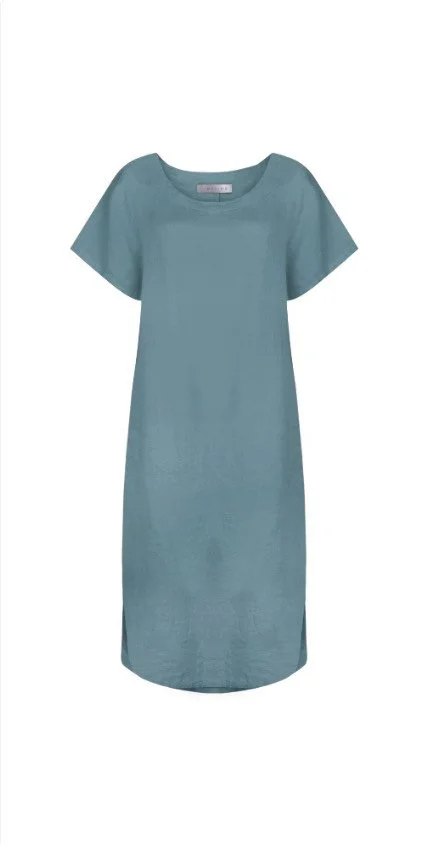 Janey Italian Linen Straight Midi Dress  -  Blue