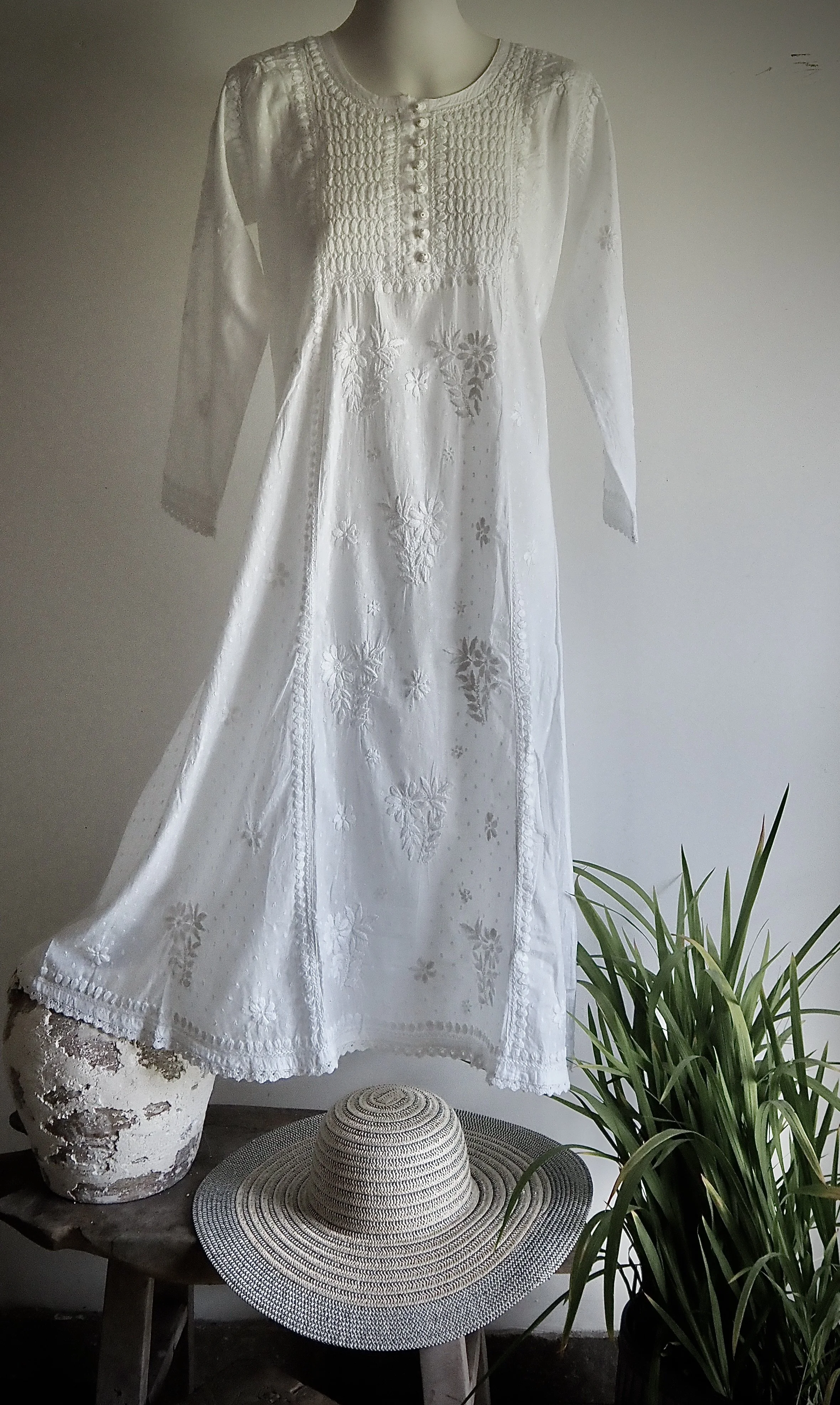 Organic Cotton  - Hand Embroidered  - Handmade White Midi Dress