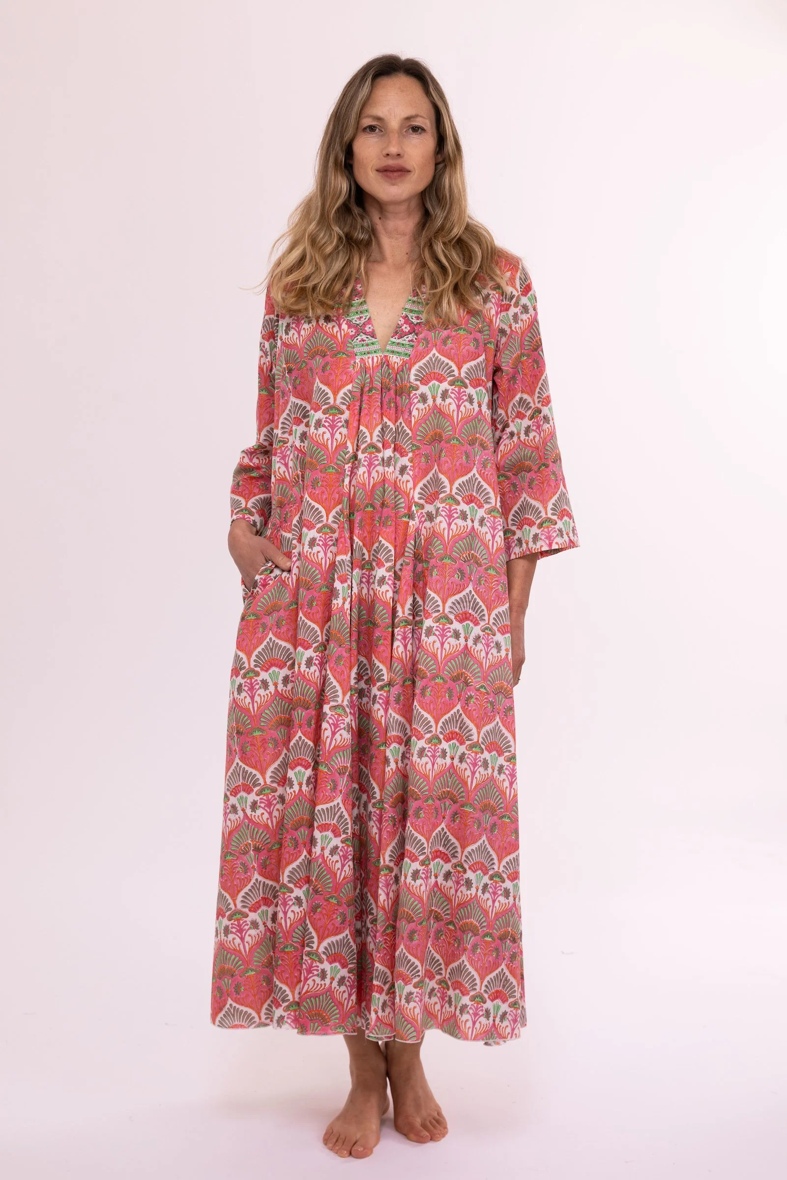NILA RUBIA NALADA KAFTAN DRESS HAND BLOCKED PURE COTTON - JAIPUR PINK
