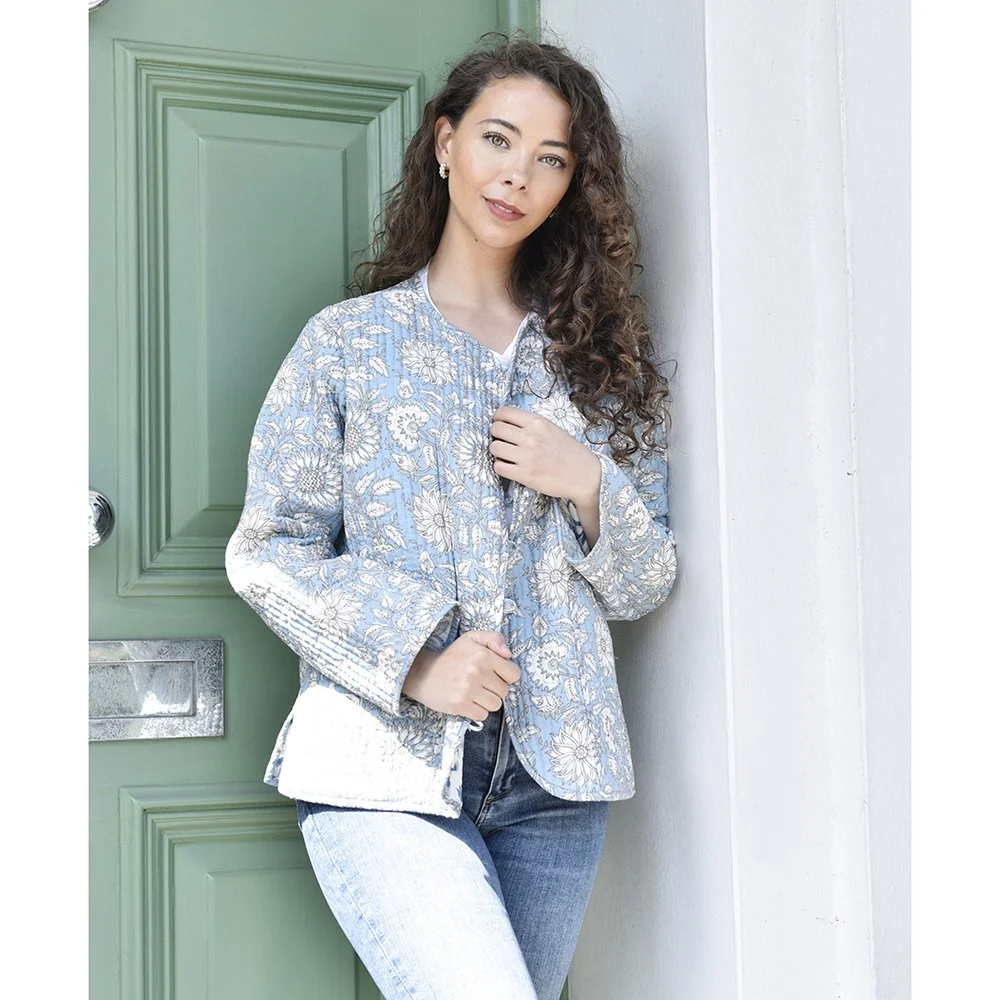 Cornflower Blue Floral Cotton Quilted Reversible Jacket