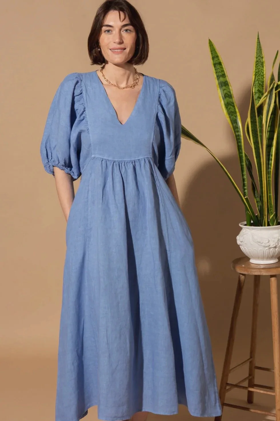 TILLEY & GRACE LIVIE PUFF SLEEVE LINEN DRESS