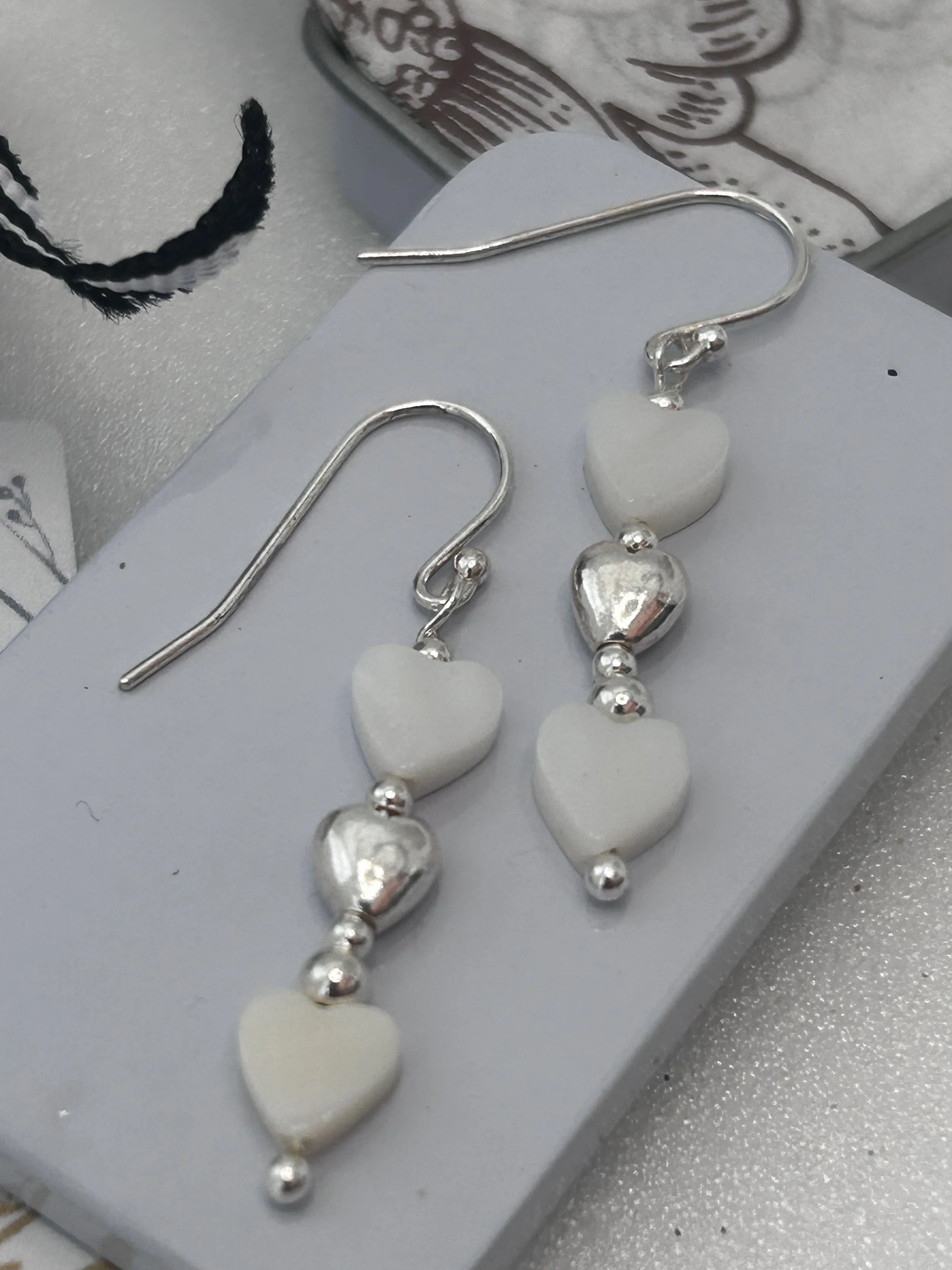 Sterling Silver & Mother of Pearl Heart Dropper Earrings