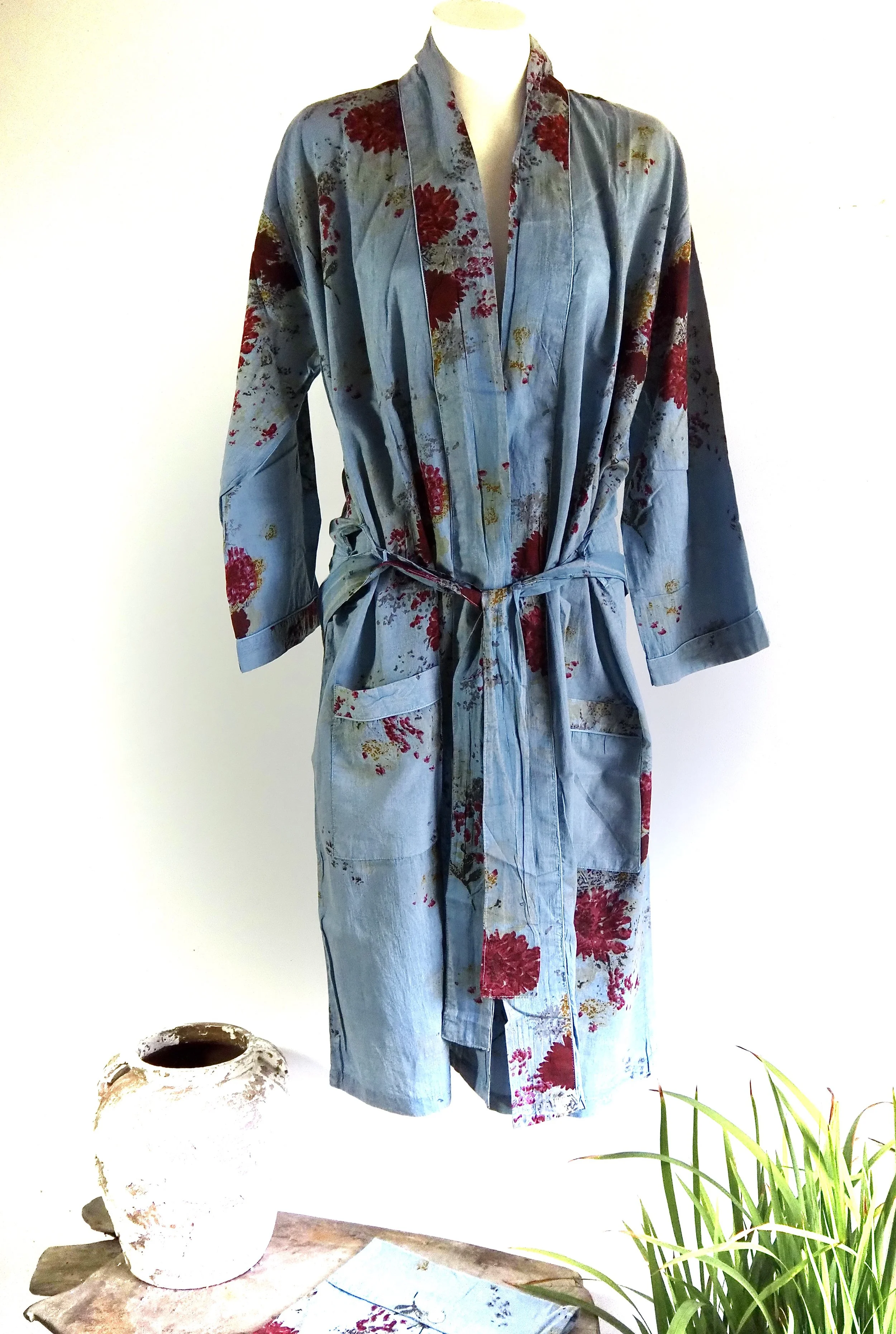 Organic Fine Cotton  - Hand Block Printed  - Washed Floral Pattern Robe