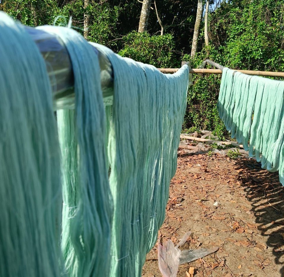 Greenish fabric or yarn hanging on clotheslines outdoors between wooden poles, with trees and greenery in the background.