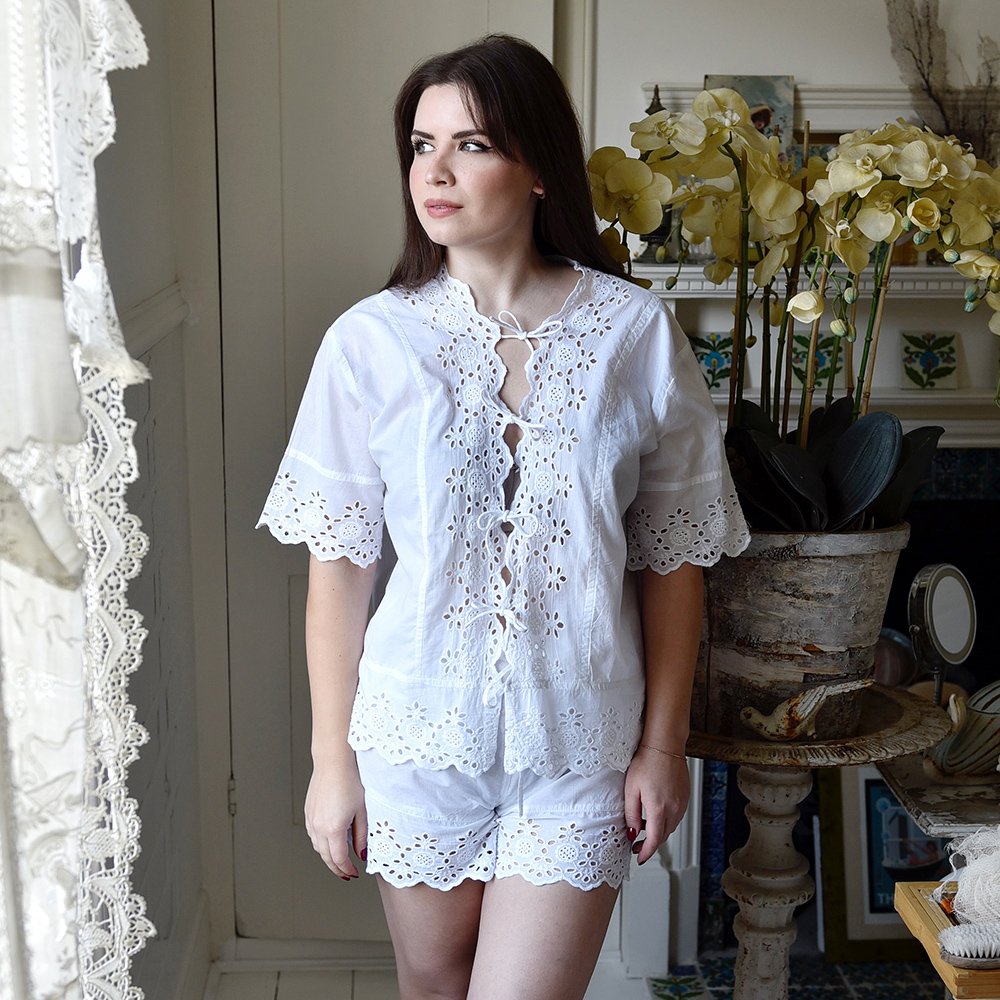 Short Sleeve Tie Front White Shortie Pyjama Set