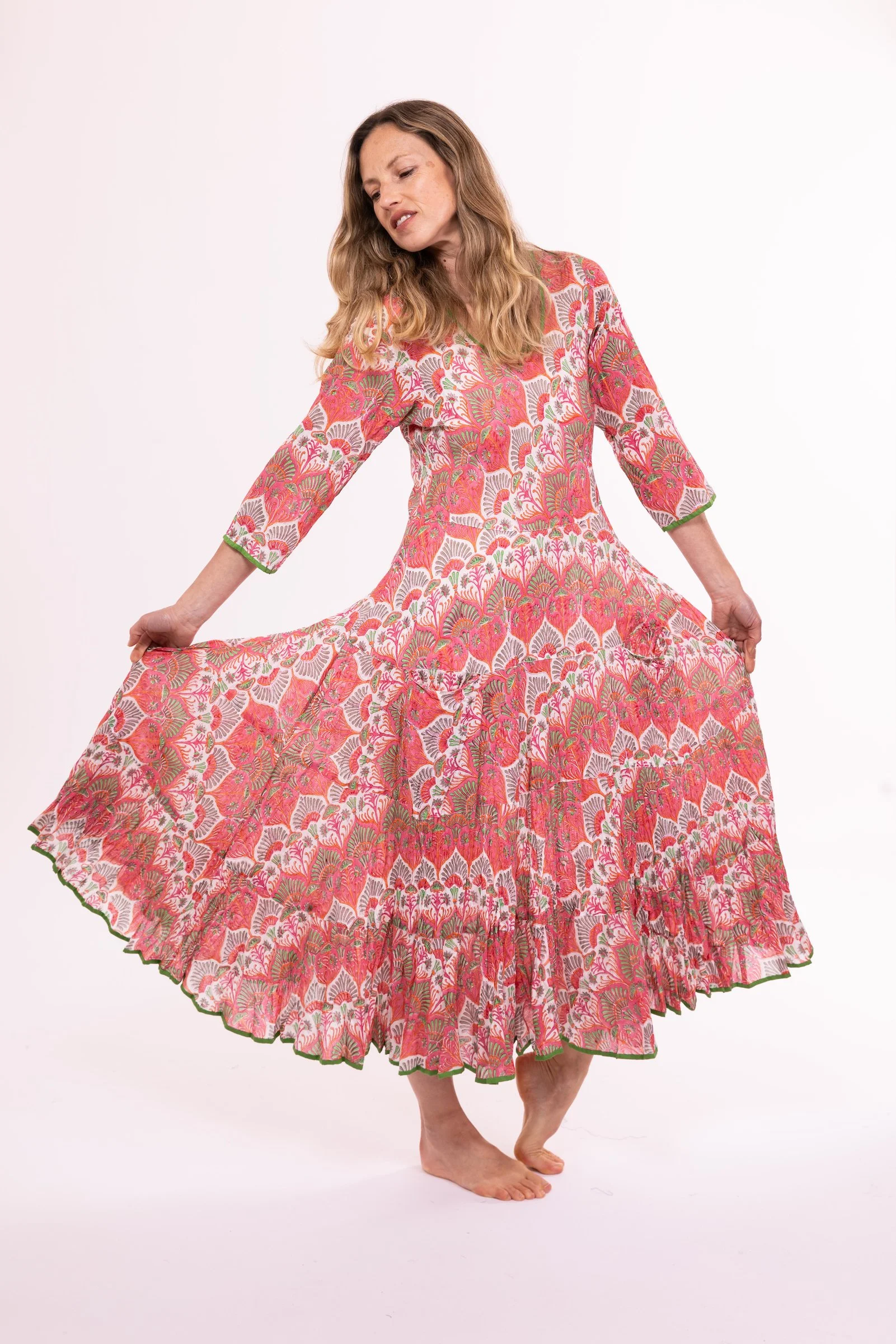 NILA RUBIA RUBY SUNDRESS PURE COTTON HAND BLOCKED - JAIPUR PINK