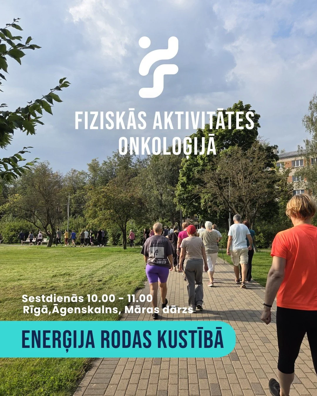 Tiekamies katru sestdienu!
Plkst. 10.00&ndash;11.00 Rīgā, Āgenskalnā, pie Māras dārza.
Pierādījumos balstītas fiziskās aktivitātes onkoloģijā.

Iepriek&scaron;ēja pieteik&scaron;anās nav nepiecie&scaron;ama. Nodarbības ir bez maksas.

Turies pie kust