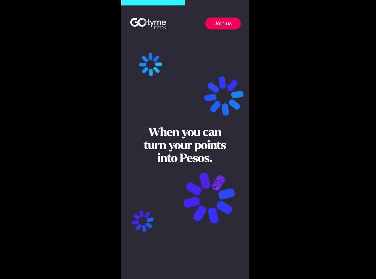 Mobile screenshot of GoTyme Bank app with promotional message about converting points into pesos, featuring blue and purple loading symbols, a red 'Join us' button, and the GoTyme logo at the top.
