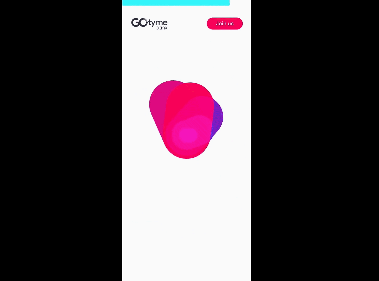 Mobile app screen for GO tyme bank with logo, pink 'Join us' button, and abstract pink and purple shapes.