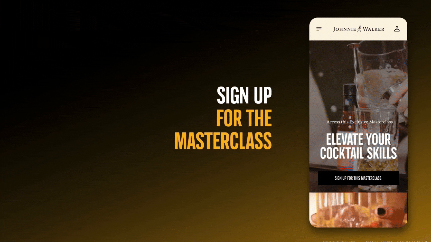 A mobile webpage from Johnnie Walker promoting a masterclass on cocktail skills, featuring a glass of cocktail being prepared and a bottle of alcohol.