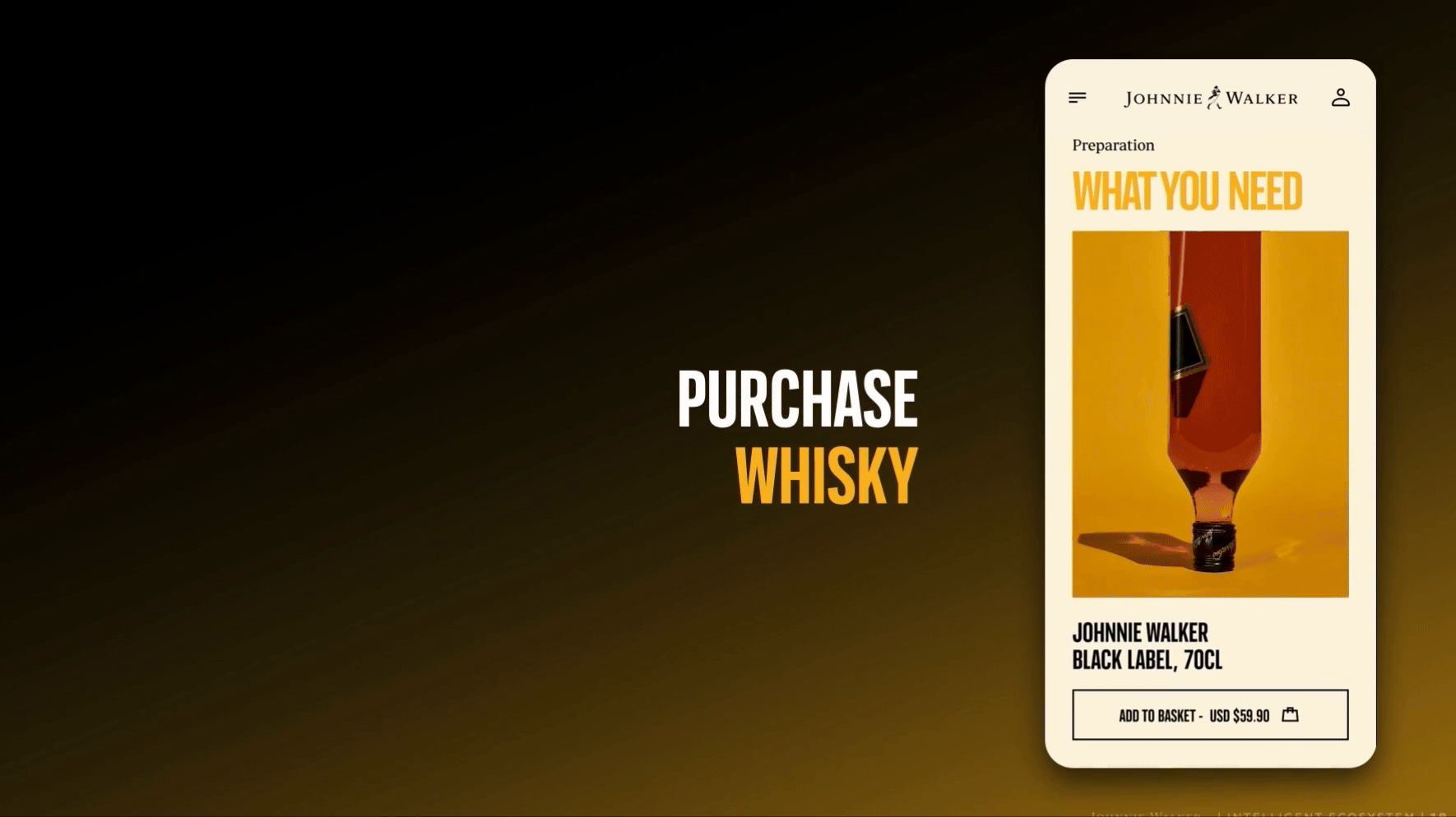 Digital product page for Johnnie Walker Black Label whisky on a mobile device, showing a bottle with a black label, orange cap, and a hanging tag, with purchase options and price.