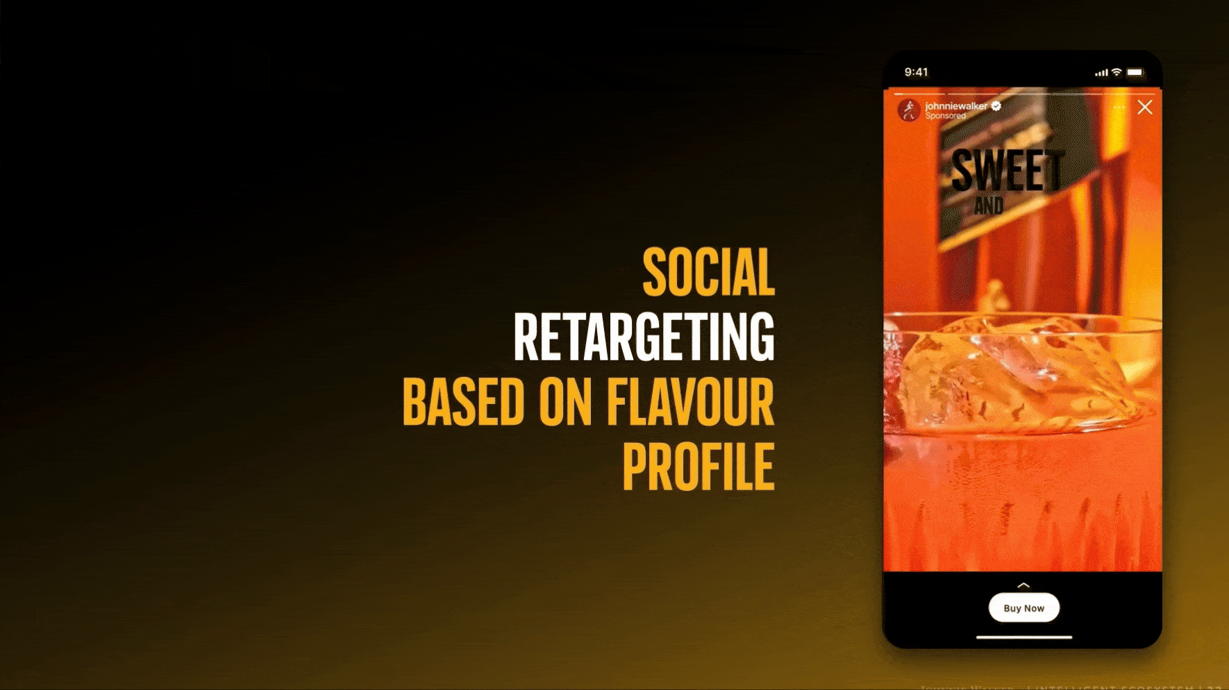 Text on a slide and a smartphone screen showing an advertisement. The slide's text reads: "SOCIAL RETARGETING BASED ON FLAVOUR PROFILE." The smartphone displays an ad with an orange background, a glass with an orange beverage and ice, and a "Buy Now" button.