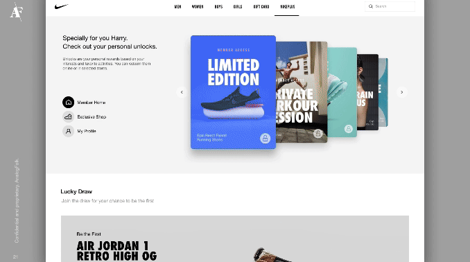 Nike website featuring personal unlocks, limited edition sneakers, and a lucky draw for Air Jordan 1 Retro High OG sneakers.