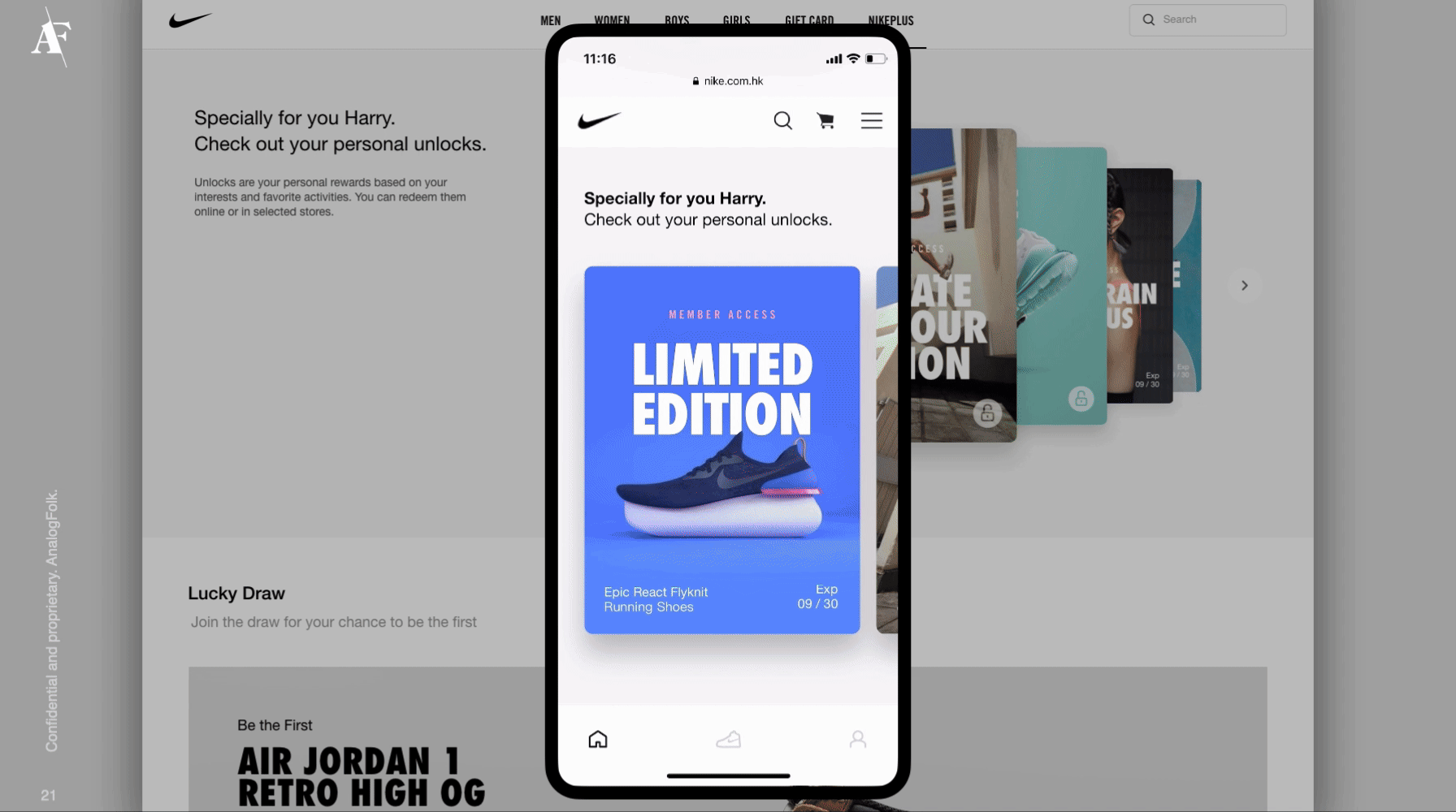 A smartphone displaying the Nike website with a blue 'Limited Edition' sneaker promotion, overlayed on a black and white Nike homepage in the background.