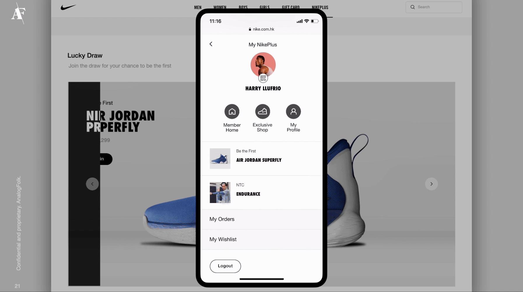 Screenshot of a mobile app profile page for 'My NikePlus' showing the user's profile picture, name Harry Llufrio, and options to navigate to Member Home, Exclusive Shop, and My Profile. The profile section displays two items: Air Jordan Superfly and NTC Endurance, with links to Orders and Wishlist, and a logout button at the bottom.